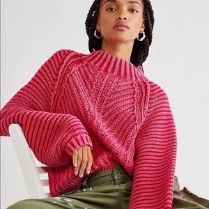 NWT Free people sweetheart sweater bright pink L